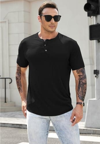 JMIERR Mens Muscle Slim Fit Button Henley Shirts Summer Crewneck Short Sleeve Longline Fitted T-Shirt Gym Workout Athletic Tees Shirt for Men, L, Black - Image 7