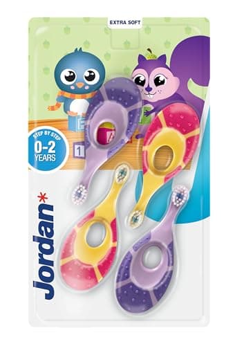 Jordan* ® | Step 1 Baby Toothbrush | 0-2 Years, Soft Bristles, BPA Free | Pink & Purple | 4 Pack - Image 1