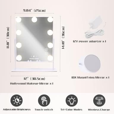 COOLJEEN Vanity Mirror with Lights and Bluetooth, Wireless Charging Lighted Vanity Mirror with Phone Stand, 9-Bulb 3 Color Lighting Tabletop Lighted Makeup Mirror, 360°Rotation - Image 5