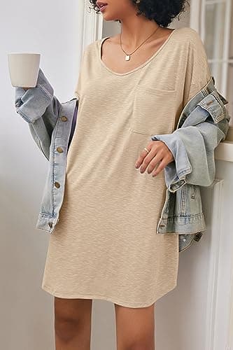 Ekouaer Womens Tshirt Nightgown Cotton V Neck Sleepshirts Comfy Casual Nightshirt for Women, Khaki, X-Large - Image 2