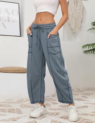 Athlisan Womens Baggy Barrel Pants Wide Leg Lounge Drawstring Sweatpants with Pockets - Image 3