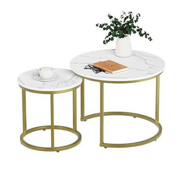 Smuxee White Nesting Coffee Table Set of 2, 23.6“ Round Coffee Table Wooden Marble Pattern with Adjustable Non-Slip Feet, Industrial End Table for Living Room Bedroom Balcony Gold - Image 7
