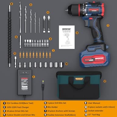 INSPIRITECH 20V Cordless Drill Set, Brushless Power Drill Set with 3.0Ah Battery and Charger,3/8-Inch Metal Chuck Electric Drill Driver,22 Torque Setting,Drill/Driver Bits and Tool Bag Included… - Image 9