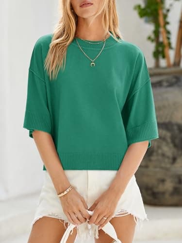 Saodimallsu Womens Short Sleeve Sweater Summer Oversized Cropped Sweaters Casual Crewneck Lightweight Knit Tops Green - Image 3