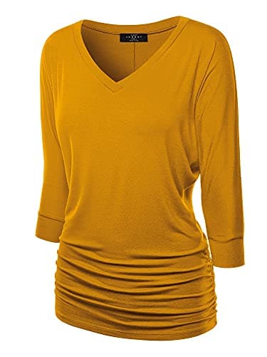 Made By Johnny MBJ WT1036 Womens V Neck 3/4 Sleeve Dolman Top with Side Shirring S Mustard - Image 1
