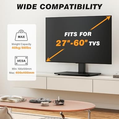 5Rcom Universal Swivel TV Stand for 27-60 inch Curved/Flat Screen TVs, Table Top TV Base Replacement Holds up to 88 lbs, Height Adjustable TV Stand Mount with Tempered Glass Base, MAX VESA 400x400mm - Image 7