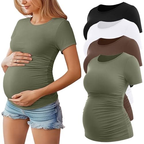 Huukeay 4 Pack Women's Maternity Shirts, Crew Neck Maternity Top Short Sleeve Casual Cotton Tee Side Ruched Pregnancy Clothes(Black, White, Coffee, Army Green,Large) - Image 1
