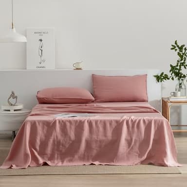 EVERLY Linen Sheets Set King Size,100% French Stonewash Pure Linen Bed Sheets,4Pieces (1Flat Sheet,1Fitted Sheet,2Pillowcase) Suitable for Hot Sleepers,Deep Pocket Natural Bedding Set-Pink - Image 1