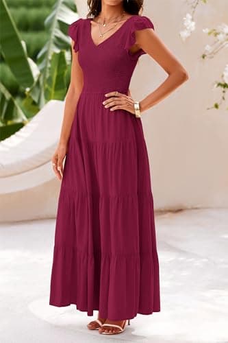 PRETTYGARDEN Women's Summer Flowy Maxi Dress Casual Cap Sleeve V Neck Smocked Beach Sundress (Solid Wine Red,Large) - Image 7