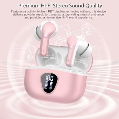 Wireless Earbuds, Bluetooth 5.4 Headphones HiFi Stereo, Bluetooth Earbuds with ENC Noise Cancelling Mic, IP7 Waterproof in Ear Earphones, 48H, LED Display Ear buds for Pad Phone Workout Sports, Pink - Image 5