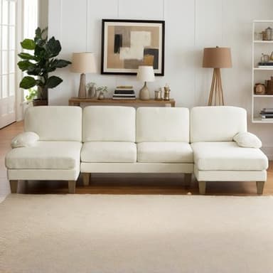 Karl home U-Shape Sectional Sofa Couch 111" Modern 4-Seat Sofa with Chaises Chenille Fabric Upholstered Covertible Couch with Wood Grain Legs for Living Room, Reception Room, Apartment, Beige - Image 6