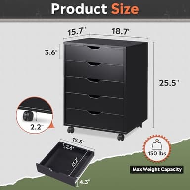 DEVAISE 5-Drawer Chest, Wood Storage Dresser file Cabinet with Wheels, Mobile Dresser for Home Office, Black - Image 3