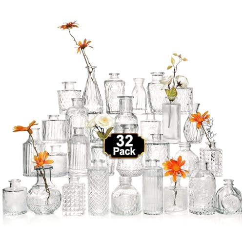 Arme Glass Bud Vase Set of 32 Pcs,Small Glass Vases for Flowers,Clear Bud Vases in Bulk,Vintage Vases for Centerpieces,Small Glass Bud Vase for Rustic Wedding Decorations,Home Table Flower Décor - Image 1