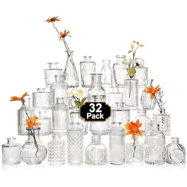 Arme Glass Bud Vase Set of 32 Pcs,Small Glass Vases for Flowers,Clear Bud Vases in Bulk,Vintage Vases for Centerpieces,Small Glass Bud Vase for Rustic Wedding Decorations,Home Table Flower Décor - Image 1