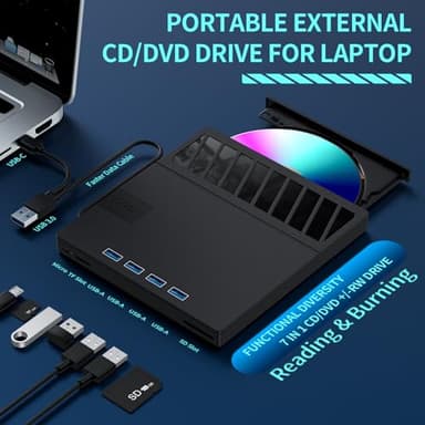 External CD/DVD Drive for Laptop – 7-in-1USB Portable CD/DVD Player Burner, High-Speed External Disk Drive with SD/TF Card Reader, 4 USB 3.0 Ports, Compatible with Windows 11/10, Linux, Mac (7 IN 1) - Image 2