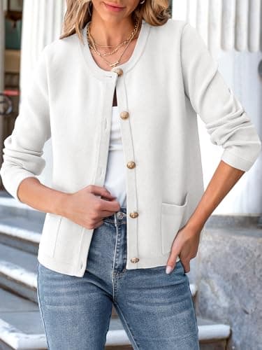 ANRABESS Women Striped Cardigan Sweaters Button Down Cropped Knit Lady Jackets Coat 2025 Fall Outfits Trendy Clothes White Small - Image 2