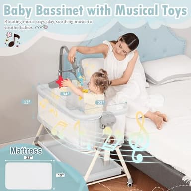 Rocking Baby Bassinet, Bedside Bassinet for Baby, 3 in 1 Bedside Sleeper with Musical Toys, Storage Basket and Wheels, Adjustable Bedside Crib for Newborn, White - Image 3