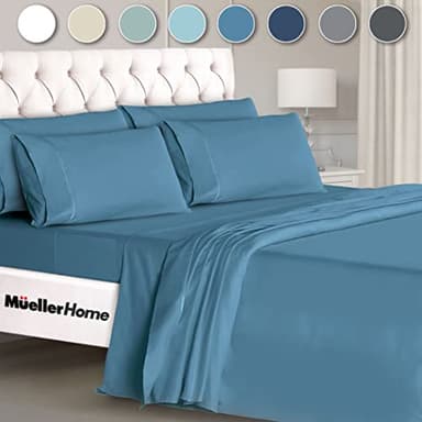 Mueller UltraTemp King Size Sheets Set – 6 Piece Premium Bedding, Silky Soft 1800 Thread Count, Cooling, Deep Pocket up to 16", Breathable Heat Transfer, Wrinkle-Resistant & Hypoallergenic, Denim - Image 1