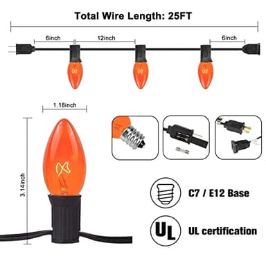 Konictom C9 Clear Orange String Light, 25Ft Outdoor Halloween Light String with 25 Clear Edison Bulbs, C9 Vintage Glass Hanging Lights for Patio Halloween Party Holiday Decor, C9/E17 Base, Black Wire - Image 2