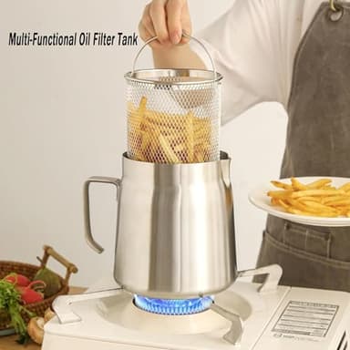 68oz 304 Stainless Steel Deep Fryer Pot with Basket & Strainer, Large Capacity Bacon Grease Container for Kitchen,Frying, Cooking, Camping,Oil Filter Container - Dishwasher Safe (68oz/2L/2.1Qt) - Image 9