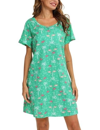ENJOYNIGHT Womens Nightgowns Cotton Sleepwear Plus Size Sleep Shirts Short Sleeves Nightshirt Print Sleepshirt (4X-Large, Flamingo) - Image 3