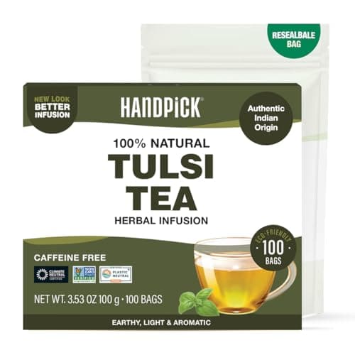 HANDPICK Original Tulsi Tea (100 count) Holy Basil Calming and Stress Relief Tea, Immune Support | Non-GMO, Caffeine-Free Herbal Tea | Ecofriendly Round Tea Bags - Image 1