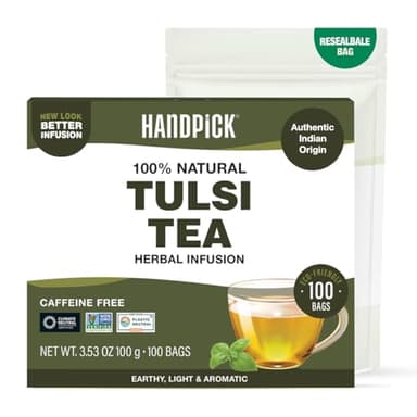 HANDPICK Original Tulsi Tea (100 count) Holy Basil Calming and Stress Relief Tea, Immune Support | Non-GMO, Caffeine-Free Herbal Tea | Ecofriendly Round Tea Bags - Image 1