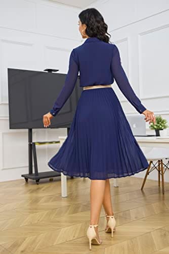AbleTree Pleated Work Dress for Women Long Sleeve Midi Collared Dresses for Office Business Casual Church Navy Blue - Image 2