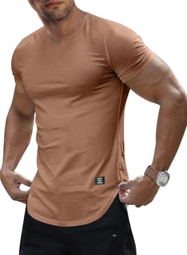 JMIERR Men's Muscle Shirt V Neck Slim Longline Short Sleeve Henley Shirt Gym Workout Athletic Tees Shirts Mens Tights for Sports,US 46(XL) A Brown - Image 1