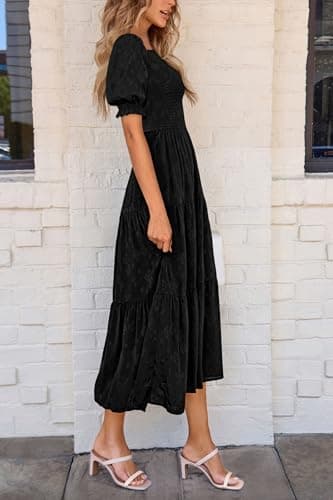 PRETTYGARDEN Women's 2025 Summer Casual Midi Dresses Square Neck Short Sleeve Smocked A Line Floral Flowy Elegant Boho Dress (Black,X-Large) - Image 6