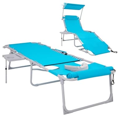 #WEJOY 4 in 1 Tanning Chair with Face Hole & Canopy & Side Table, 5 Positions Adjustable Folding Waterproof Facedown Chaise Lounge with Pillow Quick Dry for Beach Pool Outdoor Camping Patio (Blue) - Image 1