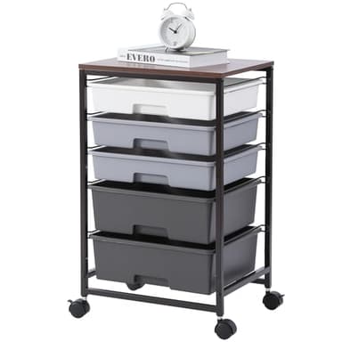 SYKIARIOL Utility Cart with 5 Drawers,Storage Drawer Cart with Wooden Tabletop and Lockable Wheels,Craft Storage Trolley Cart,5-Tier Rolling Utility Cart on Wheels,Dark Grey - Image 1
