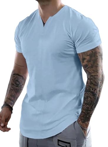 JMIERR Men's Muscle Shirt V Neck Slim Longline Short Sleeve Basic Shirt Gym Workout Athletic Tees Shirts for Sports, US 46(XL), Sky Blue - Image 1