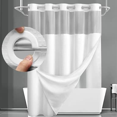 YellyHommy No Hook Shower Curtain with Snap in Fabric Liner Set Less Time White Waffle Shower Curtain for Bathroom 75" L x 72" W - Image 1