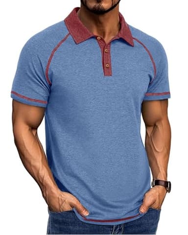 Men's Polo Shirts Short Sleeve Casual Vintage Collared Button Basic Golf Raglan Tee T-Shirts Blue - Image 1