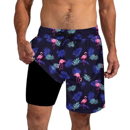 Cozople Mens Swim Shorts with Compression Liner Swim Trunks 7 Inch Inseam 2 in 1 Beach Board Shorts Flamingo Bathing Suit Summer No Chafe Athletic Shorts for Running M - Image 1