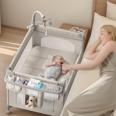 TinyGlow 4 in 1 Baby Bassinet, Pack and Play, Bedside Crib Sleeper, Diaper Changer, Quickly Assembled and Folded Portable Crib with Mattress and Mosquito Net, Easy to Carry - Image 1
