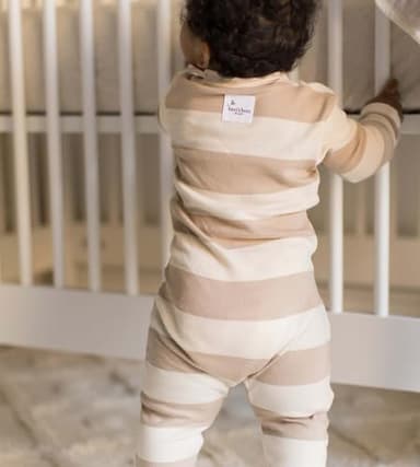 Burt's Bees Baby Baby Boy's Sleeper PJs, 100% Organic Cotton, One-Piece Footie, Zip Up Jumpsuit, Snug Fit Pajamas, Oat Rugby Stripe, 12 Months - Image 4
