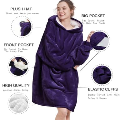 Aemilas Wearable Blanket Hoodie - Sherpa Blanket Sweatshirt as Gifts for Mom Sister,Cozy Warm Hooded Blanket with Giant Pocket(Dark Purple) - Image 4