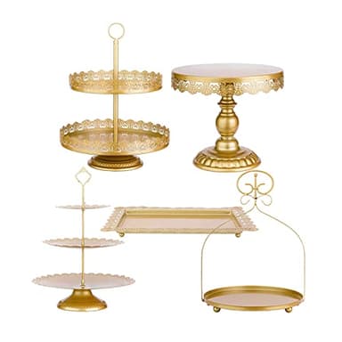 ZUMELER Gold 5Pcs Cake Stands Set Metal Round Cupcake Holder Cookies Dessert Display Plate Serving Tower Tray Platter with Handl for Baby Shower Wedding Birthday Party Celebration - Image 1