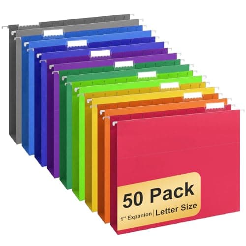 Hanging File Folders, 50 Pack Letter Size Hanging File folders with 1/5-cut Tabs, Stay Organized for Your Home and Office Bulk File, Documents and Paper, 10 Colors - Image 1