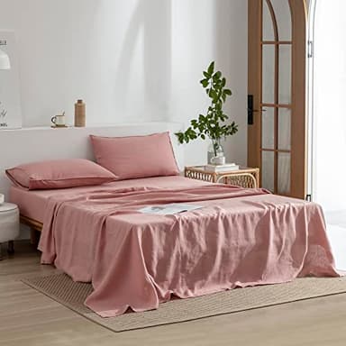 EVERLY Linen Sheets Set King Size,100% French Stonewash Pure Linen Bed Sheets,4Pieces (1Flat Sheet,1Fitted Sheet,2Pillowcase) Suitable for Hot Sleepers,Deep Pocket Natural Bedding Set-Pink - Image 2
