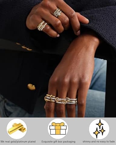 TLY Stackable Gold Rings for Women 18K Gold Plated Interlocking Ring Stack Set Gold Silver Mixed Metal Statement Rings Waterproof Dainty Cubic Zirconia CZ Fashion Connected Band Thumb Ring Size 4-11 Christmas Gifts Stocking Stuffers - Image 6