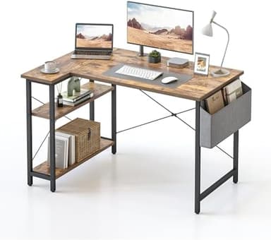 CubiCubi L Shaped Desk, 47" Computer Table with Reversible Storage Shelves Home Office Corner Study Writing Gaming, Rustic Brown - Image 3