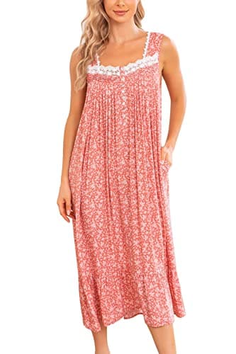 AVIIER Cotton Nightgowns for Women Sleeveless House Dress Ladies Long Nightdress with Pockets (Brown Red, Large)… - Image 1