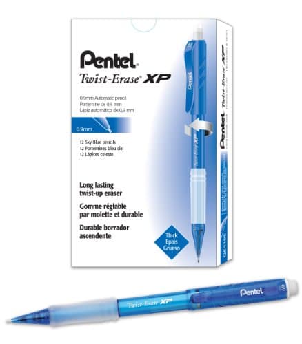 Pentel Twist-Erase Express Mechanical Pencil (0.9mm) Fashion Color, Sky Blue Barrel, Box of 12 (QE419S)