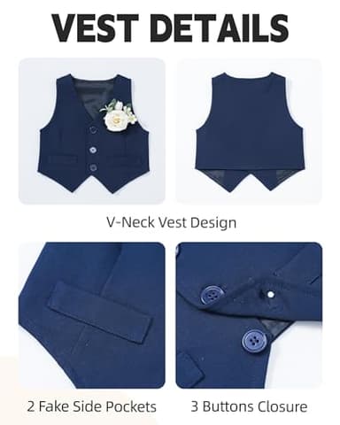 Coco&RARA Baby Boy Clothes Suits Infant Tuxedo Gentleman Outfits, Formal Dress Shirt+Vest+Corsage+tie+Pants Baby Suit Sets(Navy Blue, 12-18M) - Image 5