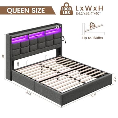 Driftalia Lift Up Queen Bed Frame with Storage, Upholstered Bed Frame Queen Size with LED Lights Headboard and Charging Station, No Box Spring Needed, Easy Assembly - Dark Grey - Image 2