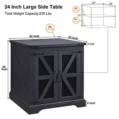 JXQTLINGMU Farmhouse End Table, 24" Large Sofa Side Table with Charging Station, Mesh Barn Door, and Adjustable Storage Shelf, Rustic Wood Square Nightstand for Living Room, Bedroom, Office, Black - Image 2