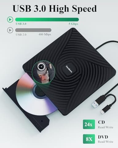 PeroBuno External CD DVD Drive, USB 3.0 Type-C Optical Drive, 0.5-inch Ultra-Slim Portable DVD CD ROM Disc Player Reader Writer Rewriter Burner Recorder for Laptop PC MacBook Windows Linux Mac OS - Image 4